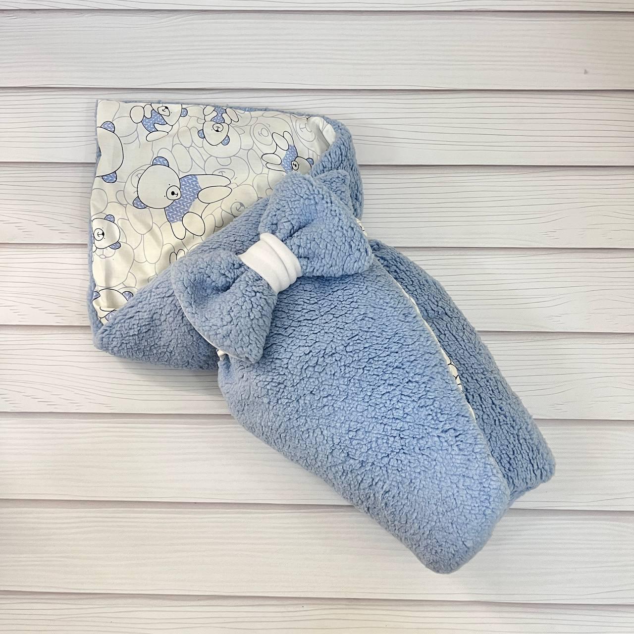 Зимовий хутряний конверт Тедді на бавовняній підкладці для новонароджених, блакитний з принтом, фото 1