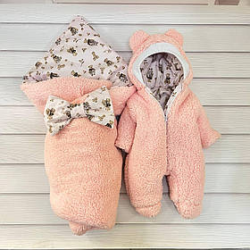 Комплект Тедді конверт + комбінезон для новонароджених, персиковий з принтом