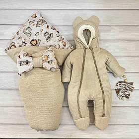 Демісезонний конверт + комбінезон з ангори коси для новонароджених, світло-бежевий