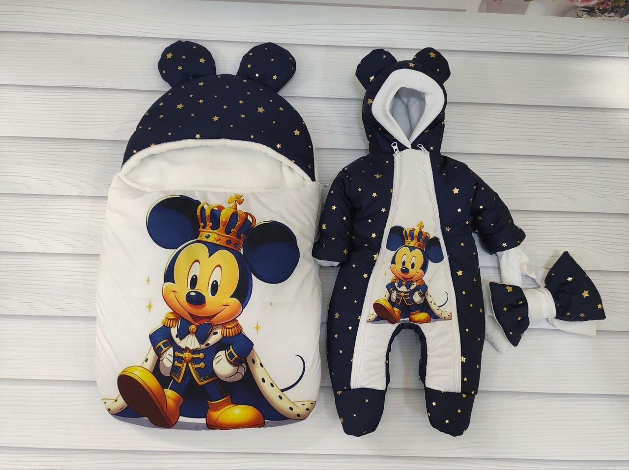Спальник + комбінезон для новонароджених, білий із синім, принт Міккі Маус в короні, фото 1