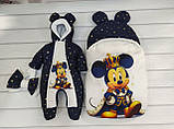 Спальник + комбінезон для новонароджених, білий із синім, принт Міккі Маус в короні, фото 5