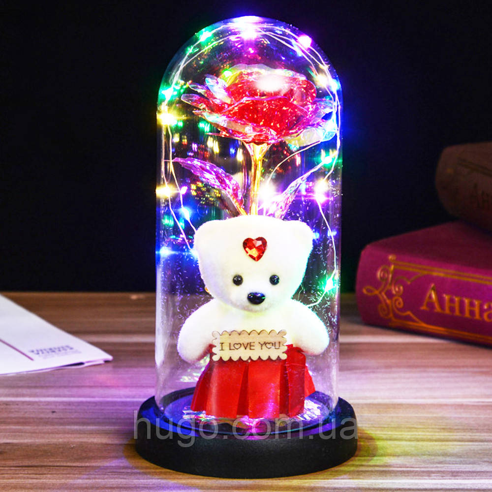 Ночник Роза в колбі з ведмедиком (21х11см), A-3 / Подарунок дівчині / Світильник вічна троянда, фото 1