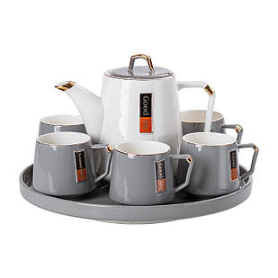 Чайний сервіз на 6 персон з порцелянаовою підставкою, сірий HP-15-26