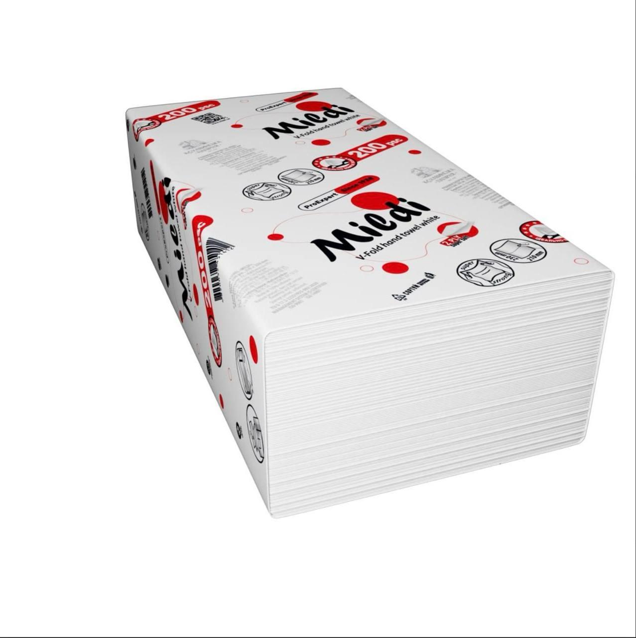 Рушник паперовий V-типу Mildi Pro Expert, 200 шт в упаковці, двошарові білі, фото 1