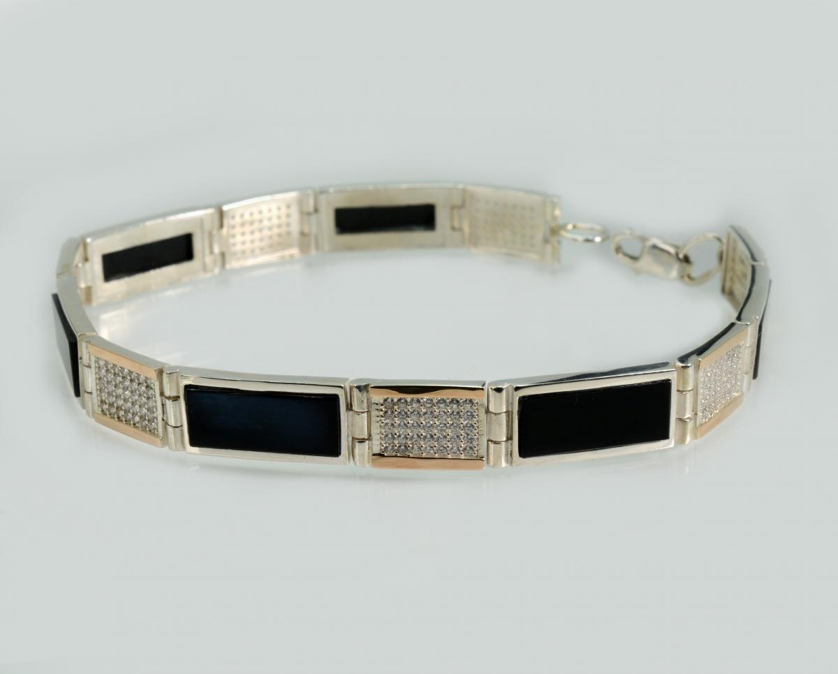 Срібний чоловічий браслет з золотими пластинами, фото 1