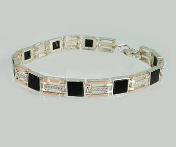 Чоловічий срібний браслет з золотими пластинами та оніксом