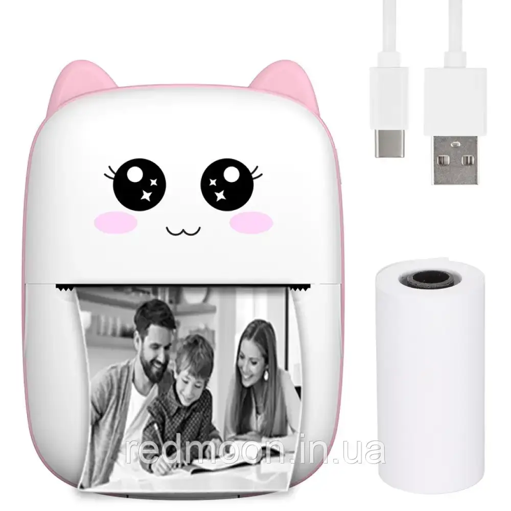 Міні принтер з Bluetooth та термодруком, Рожевий + Рулон термопаперу / Дитячий термопринтер для телефону, фото 1