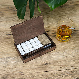 Подарунковий набір сапфірових білих каменів 20*20 мм 15 шт для охолодження віскі в дерев'яній коробці Гранд Презент