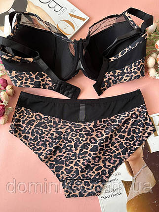 90F Комплект спідньої білизни на чашку F з елементами сіточки чорний з леопардом, фото 2