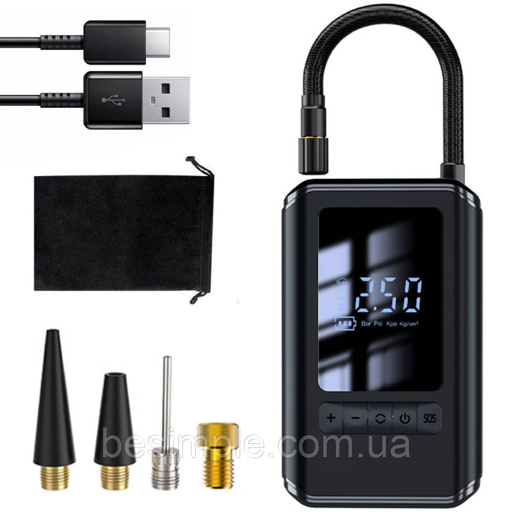Автомобільний компресор акумуляторний, 4000mAh, 25л/м / Портативний автокомпресор з дисплеєм та ліхтариком