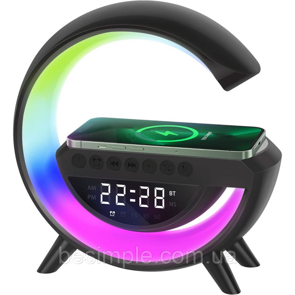 Лампа-нічник BT-3401, з бездротовою зарядкою, Чорний/Настільна лампа з колонкою та будильником, фото 1