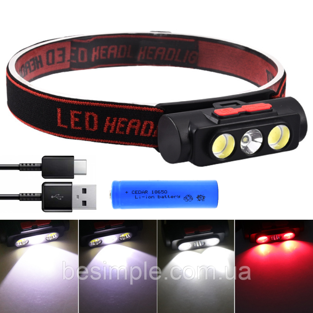Акумуляторний налобний ліхтар з USB, 6 режимів, PLD-2119B / Світлодіодний ліхтарик на голову, фото 1