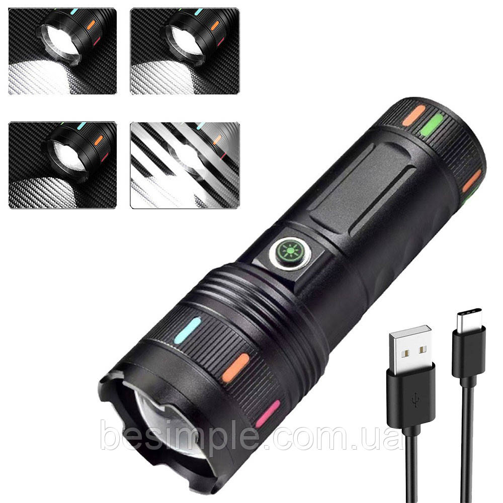 Ручний ліхтар із ZOOM, 4 режими, USB, 701-PM10-TG / Акумуляторний ліхтарик / Світлодіодний ліхтар, фото 1