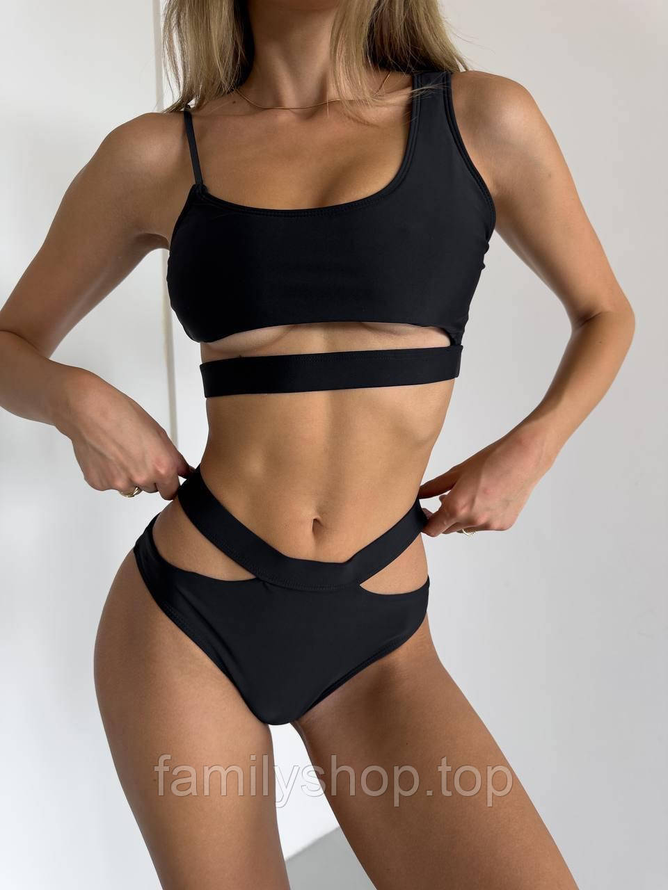 Гарний роздільний купальник бразиліана оригінальний з м'якою чашкою, чорний, розмір S, M, L, фото 1