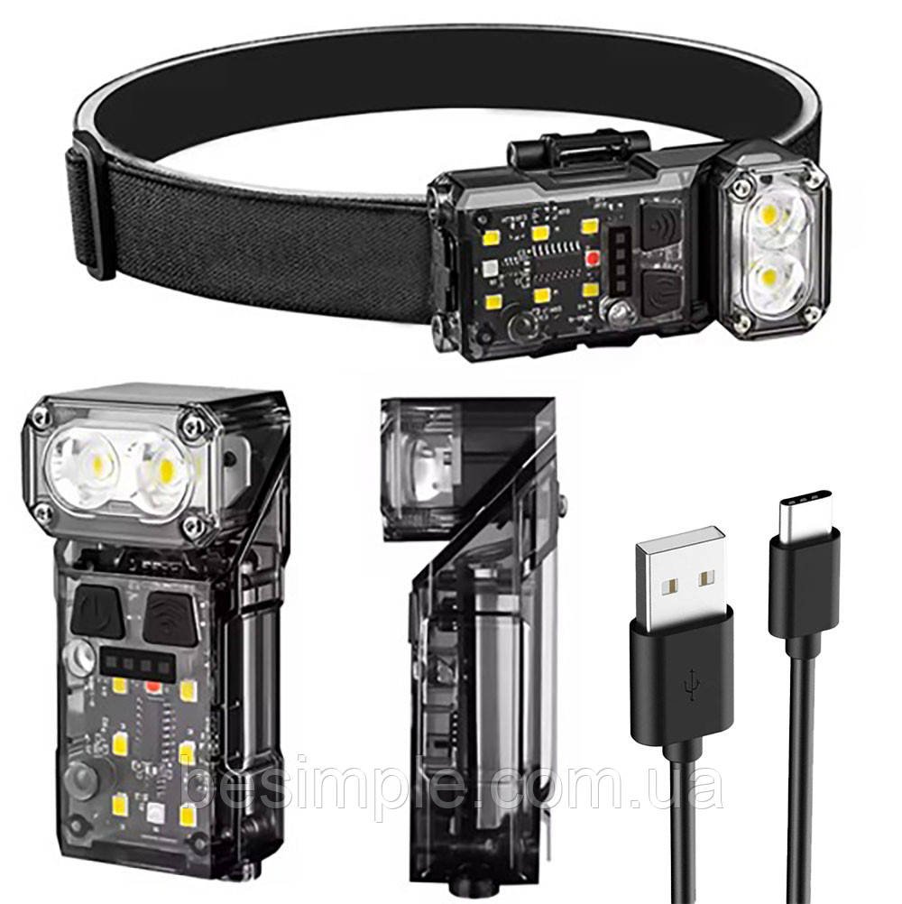 Ліхтар налобний магнітний з датчиком руху, X52-2LED+6SMD(RGB) / Акумуляторний ліхтарик на голову, фото 1