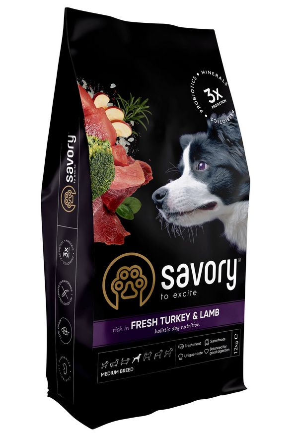 Savory корм холистик для собак середніх порід 12кг  (індичка і ягня)