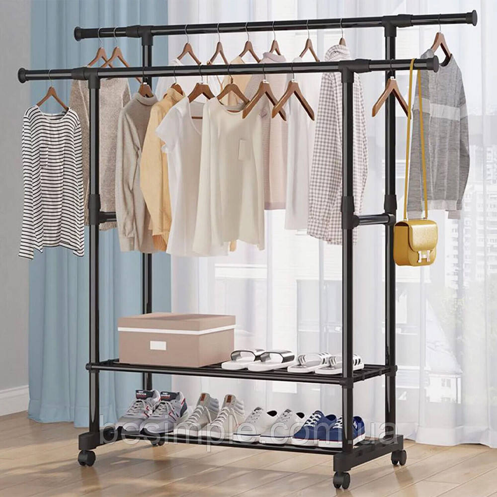 Подвійна вішалка для одягу до 40 кг (155х42х76см), Double Pole / Підлогова стійка-вішалка на коліщатках, фото 1