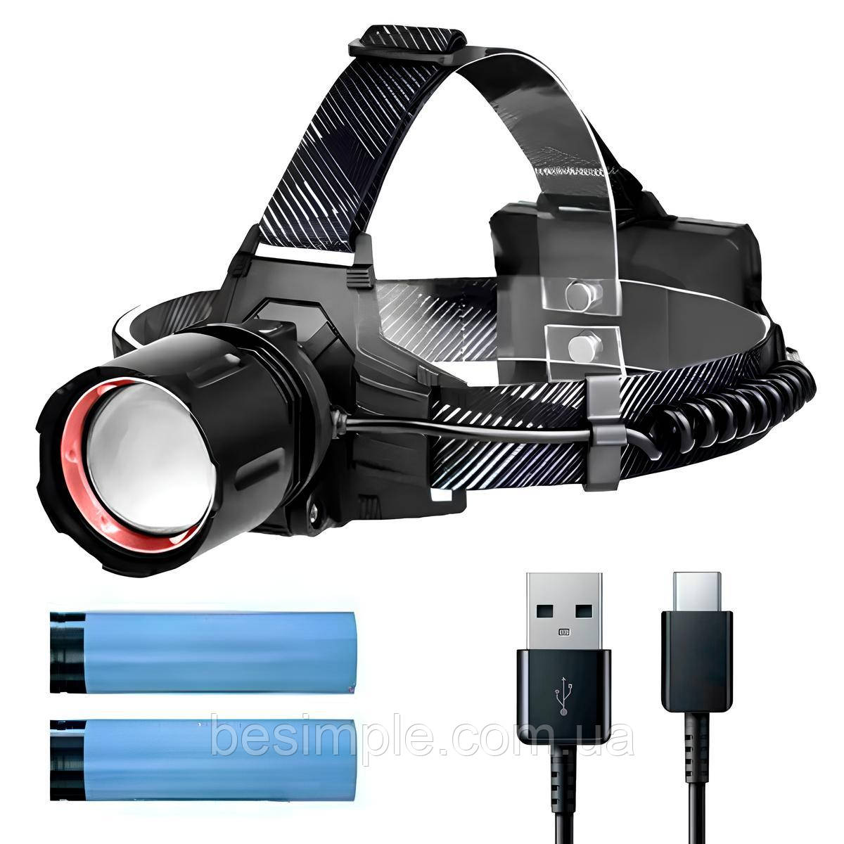 Налобний ліхтар + 2 акумулятори (3 режими), від USB, PM10-TG / Туристичний ліхтар на чоло / Ліхтарик на голову, фото 1