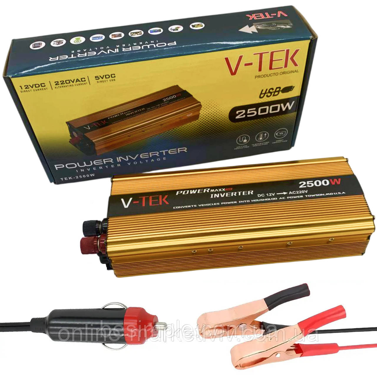 Автомобільний інвертор від прикурювача 2500W, USB, 12V-220V, V-TEK / Перетворювач напруги, фото 1
