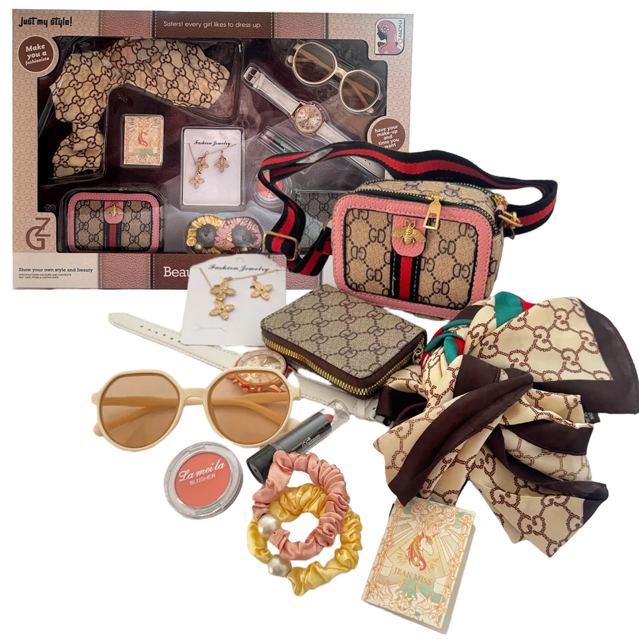 Набір аксесуарів сумочка хустинка окуляри годинник гаманець парфуми помада сережки підвіска на шию в кор 54*6*38см (S4), фото 1