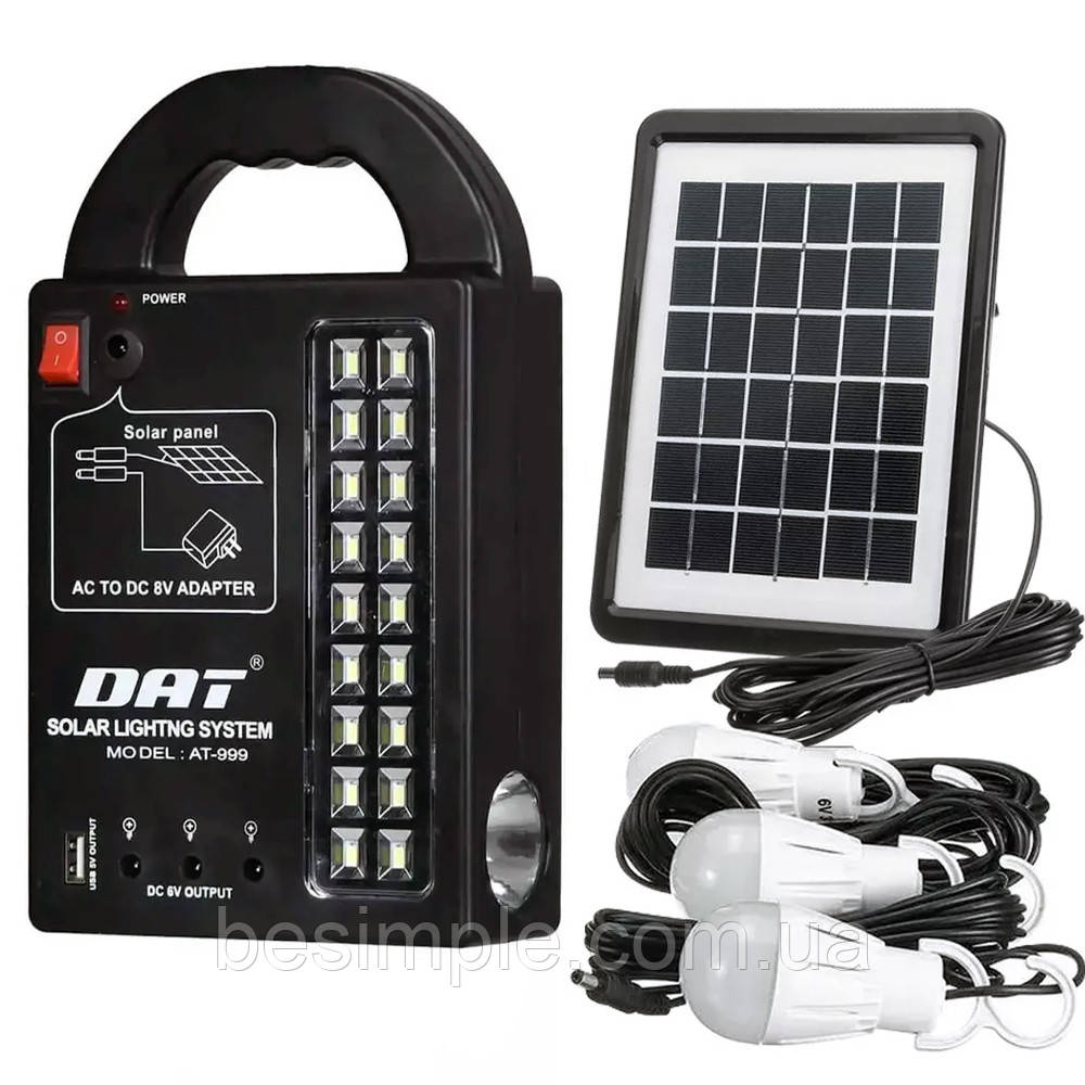 Акумуляторний ліхтар із сонячною панеллю + 3 лампочки, PowerBank, Dat AT-999 / Портативна сонячна станція, фото 1
