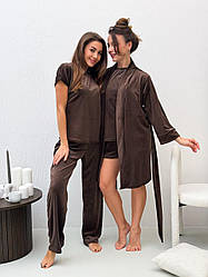 Домашній ВЕЛЮРОВИЙ Комплект 4-ка шорти, футболка, штани, халат, пов'язка ШОКОЛАД К31-31