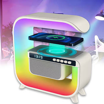 Настільна лампа з Bluetooth колонкою, RGB підсвічуванням та бездротовою зарядкою G3 Біла