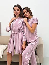 Домашній ВЕЛЮРОВИЙ Комплект 4-ка шорти, футболка, штани, халат, пов'язка ПУДРА К31-31