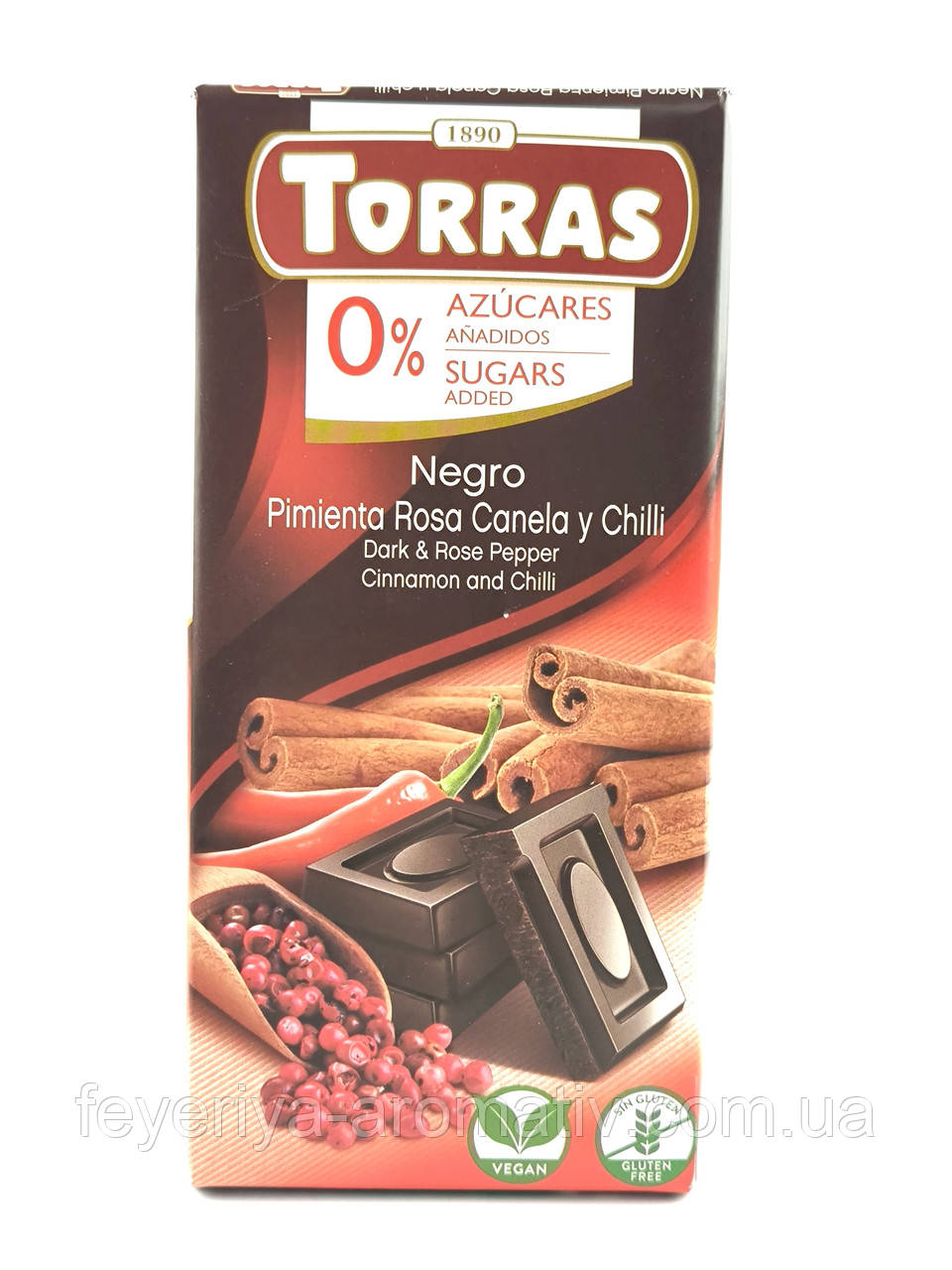 Шоколад чорний з рожевим перцем та корицею без цукру Torras Rose Pepper Cinnamon and Chilli 75г (Іспанія)