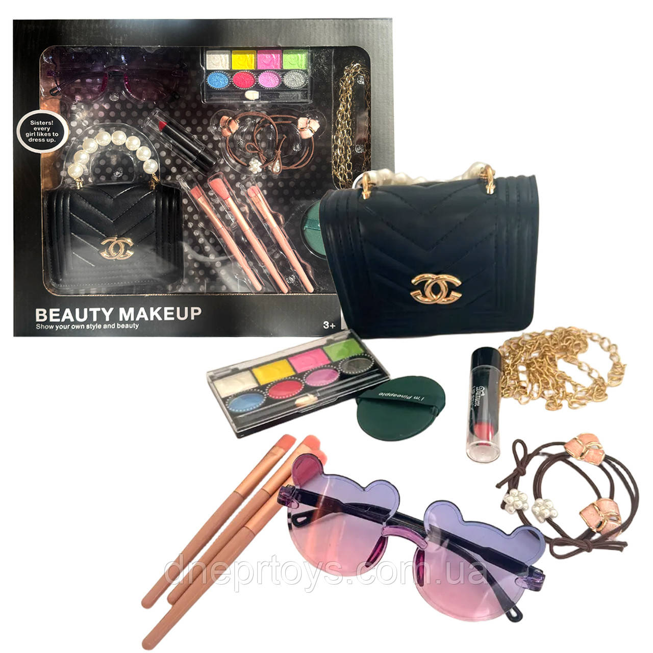 Набір аксесуарів сумочка окуляри помада резинки прикраси пензлики спонж тіні кор 34,5*7,5*29см (A3), фото 1