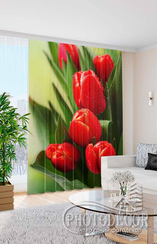 Фото Штора "Червоні тюльпани" висота - 2,50м, ширина - 1,45м (1 полотно), тасьма