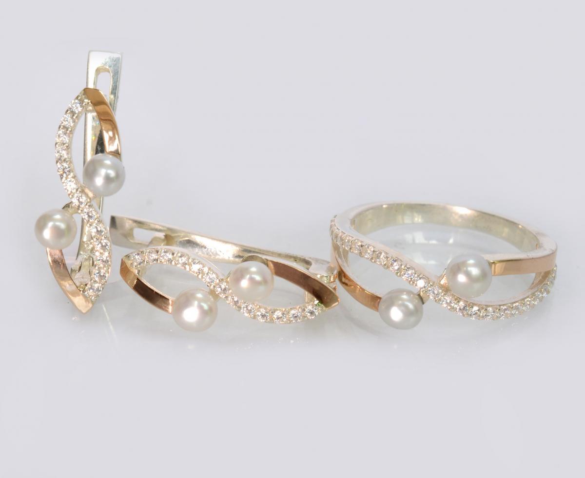 Срібний набір з перлинами, фото 1