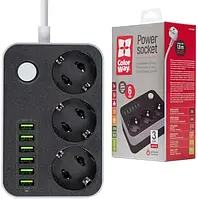 Мережевий фільтр ColorWay CW-CHE36B Black White 3 розетки, 6 USB, 1.8 м