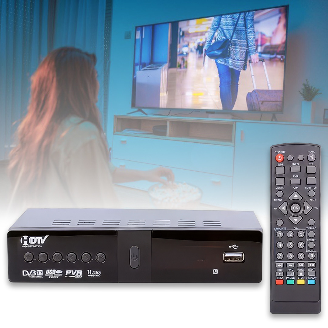 Цифрова ефірна приставка T2 для телевізора з дисплеєм та пультом HDTV DVB-T3, фото 1