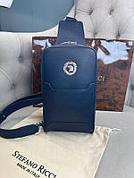 Нагрудна сумка синя Stefano Ricci Blue Leather Silver Metal Logo c868