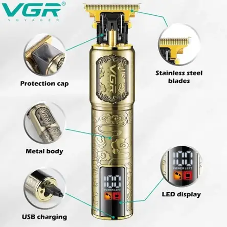 Тример для бороди та вусів з Led-дисплеєм VGR V-073 зі змінними насадками 1-4 мм YU227, фото 1