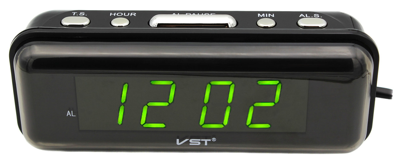 Годинник VST VST-738 настільний 220В будильник Чорний корпус Світло-зелені цифри iC227