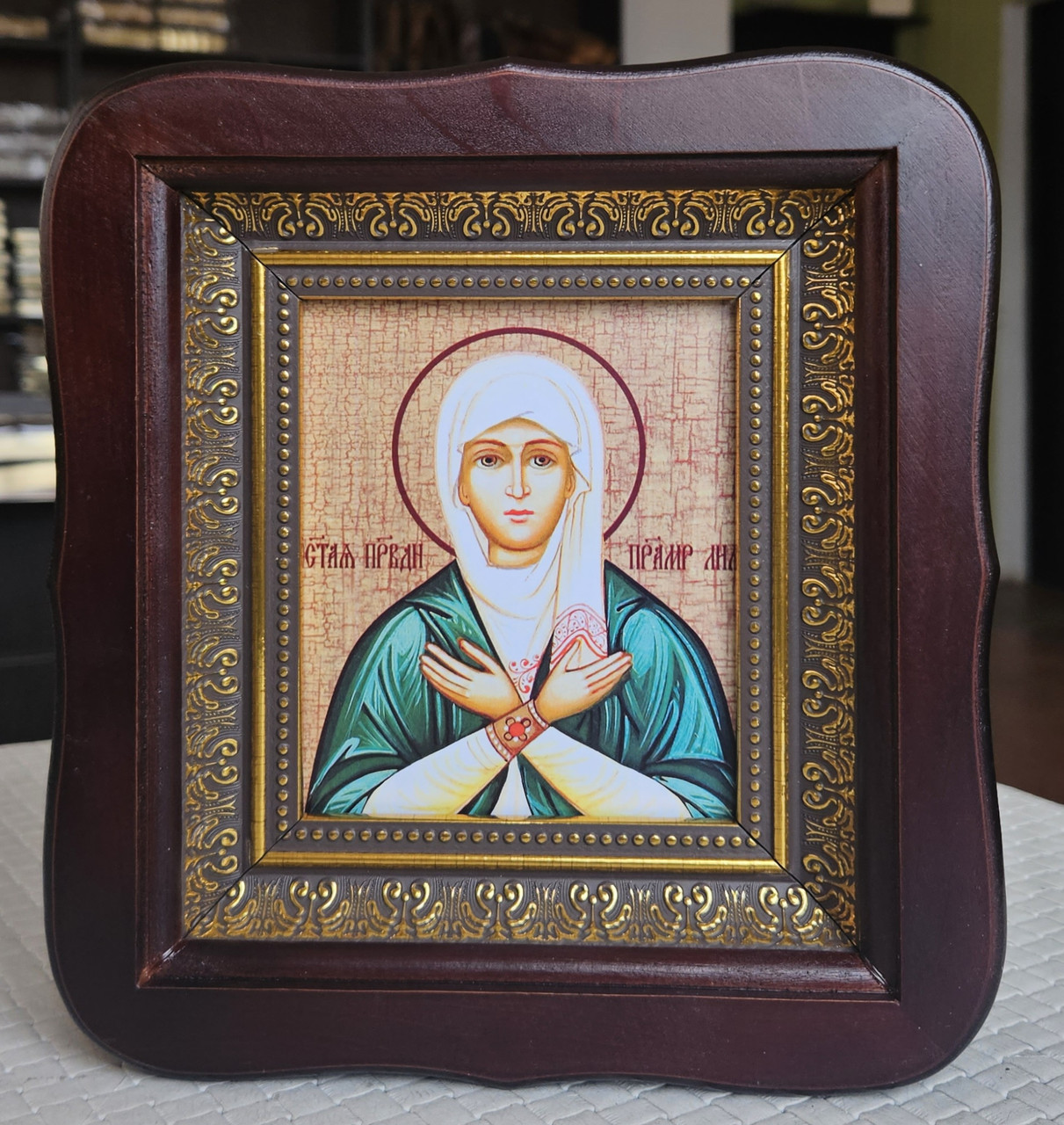 Ікона Свята Праведна Лія в темному фігурному дерев'яному кіоті під склом, розмір кіота 20*18, сюжет 10*12, фото 1