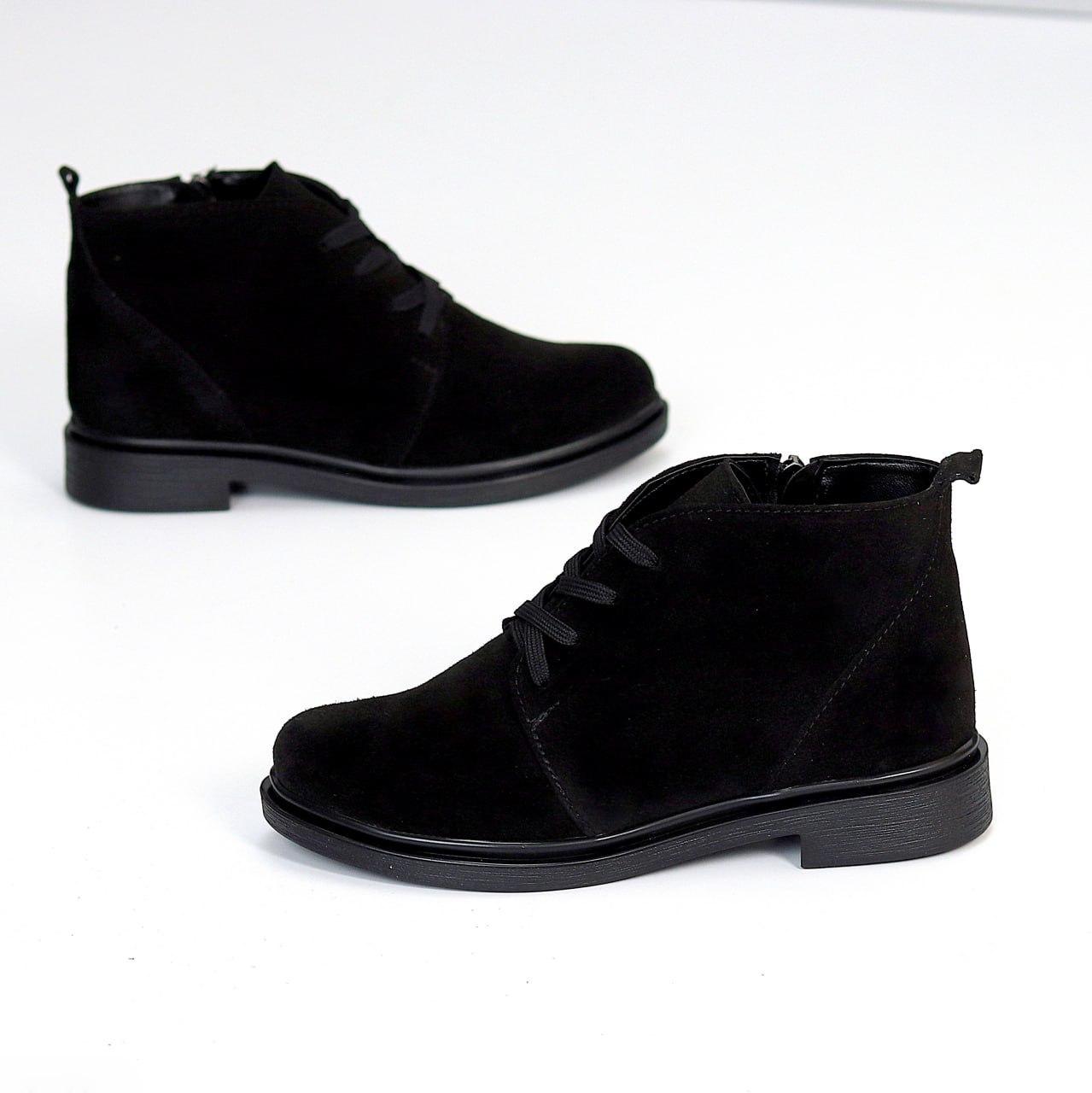 Черевики жіночі замшеві на шнурівці та блискавці демісезонні чорні натуральна замша, фото 1