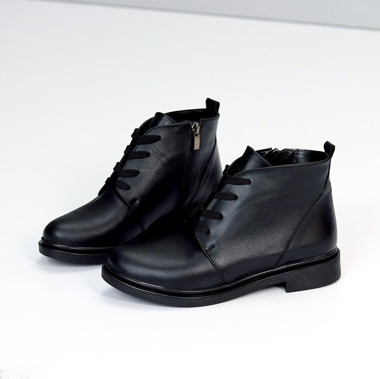Черевики жіночі шкіряні на шнурівці та блискавці демісезонні чорні натуральна шкіра