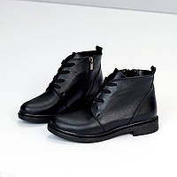 Черевики жіночі шкіряні на шнурівці та блискавці демісезонні чорні натуральна шкіра