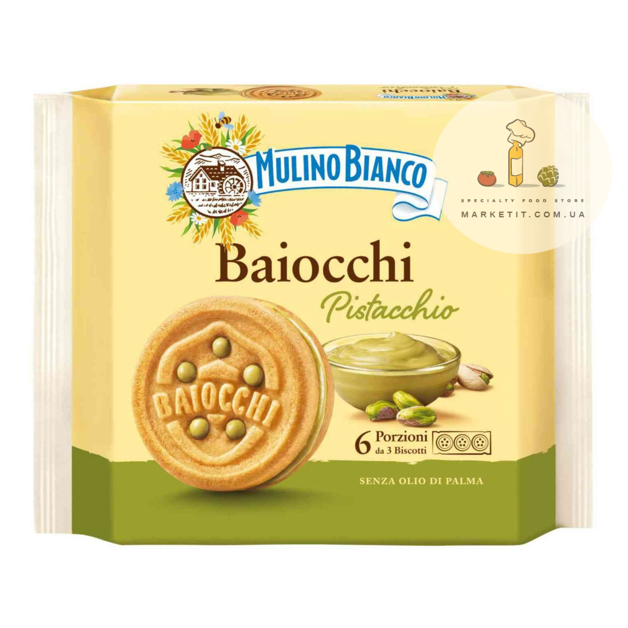 Печиво Mulino Bianco Baiocchi Pistacchio, з фісташковим кремом 168 г., фото 1