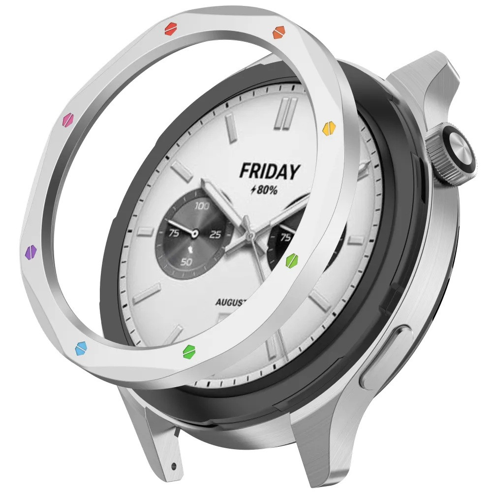 Безель металевий для смарт годинника Xiaomi Watch S3/S4 Silver-multicolor + захисне скло, фото 1