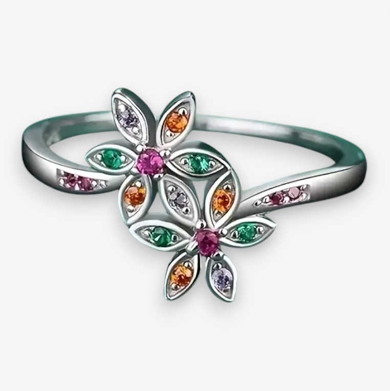 Бохо-шик каблучка з квітковим візерунком і різнокольоровими фіанітами, срібляста, 17.5 розмір, фото 1