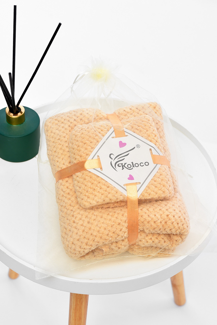 Набір однотонних рушників з мікрофібри банне+для обличчя бежевого кольору 196597P, фото 1