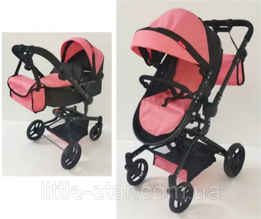 Коляска-трансформер для ляльки 9695, поворотні колеса, перекидна ручка, чорний