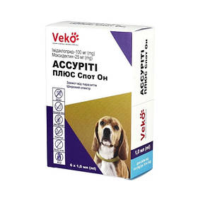 Краплі на холку для собак від кліщів, бліх і гельмінтів Veko Ассуріті Плюс вагою від 4-10 кг, 1 піпетка