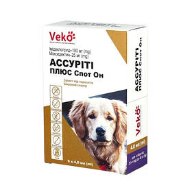 Краплі на холку для собак від кліщів, бліх і гельмінтів Veko Ассуріті Плюс вагою від 25-40 кг, 1 піпетка