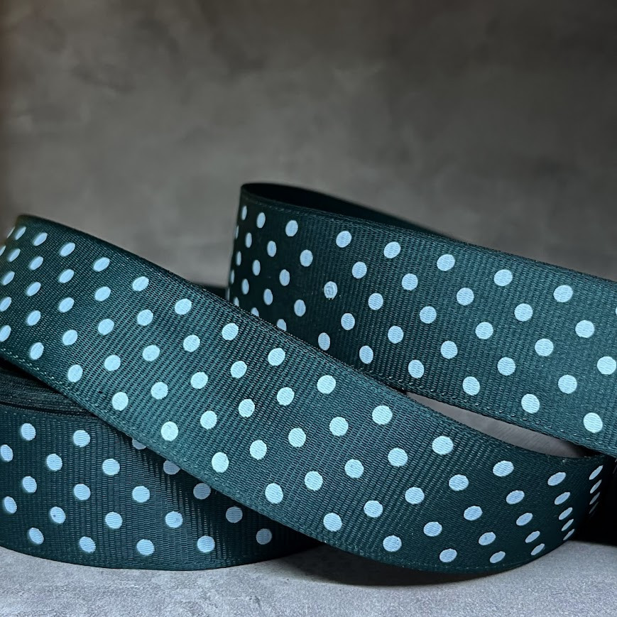 Репсова стрічка 2,5 см, у горох, колір - темно-зелений, арт 017639, 1 метр, темно-зелений, фото 1