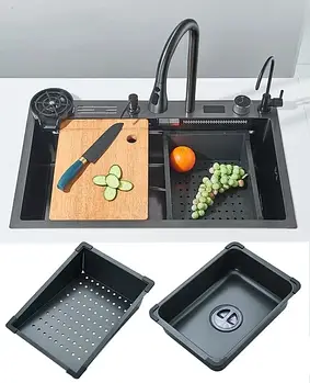 Багатофункціональна кухонна мийка з неіржавкої сталі MA-652, врізна раковина, розмір 720х430 мм Black Лучшая цена